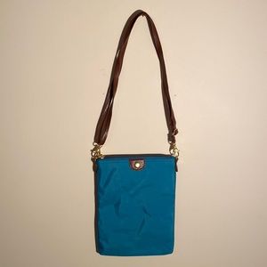 Teal Crossbody Satchel with Brown Strap